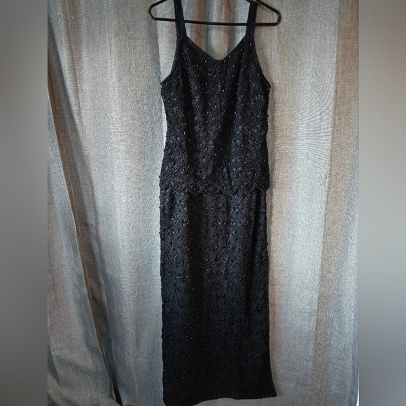 '90s Black Floral Lace Sequin Fully Beaded Pencil Maxi Evening Dress Sz Large - Picture 6 of 6